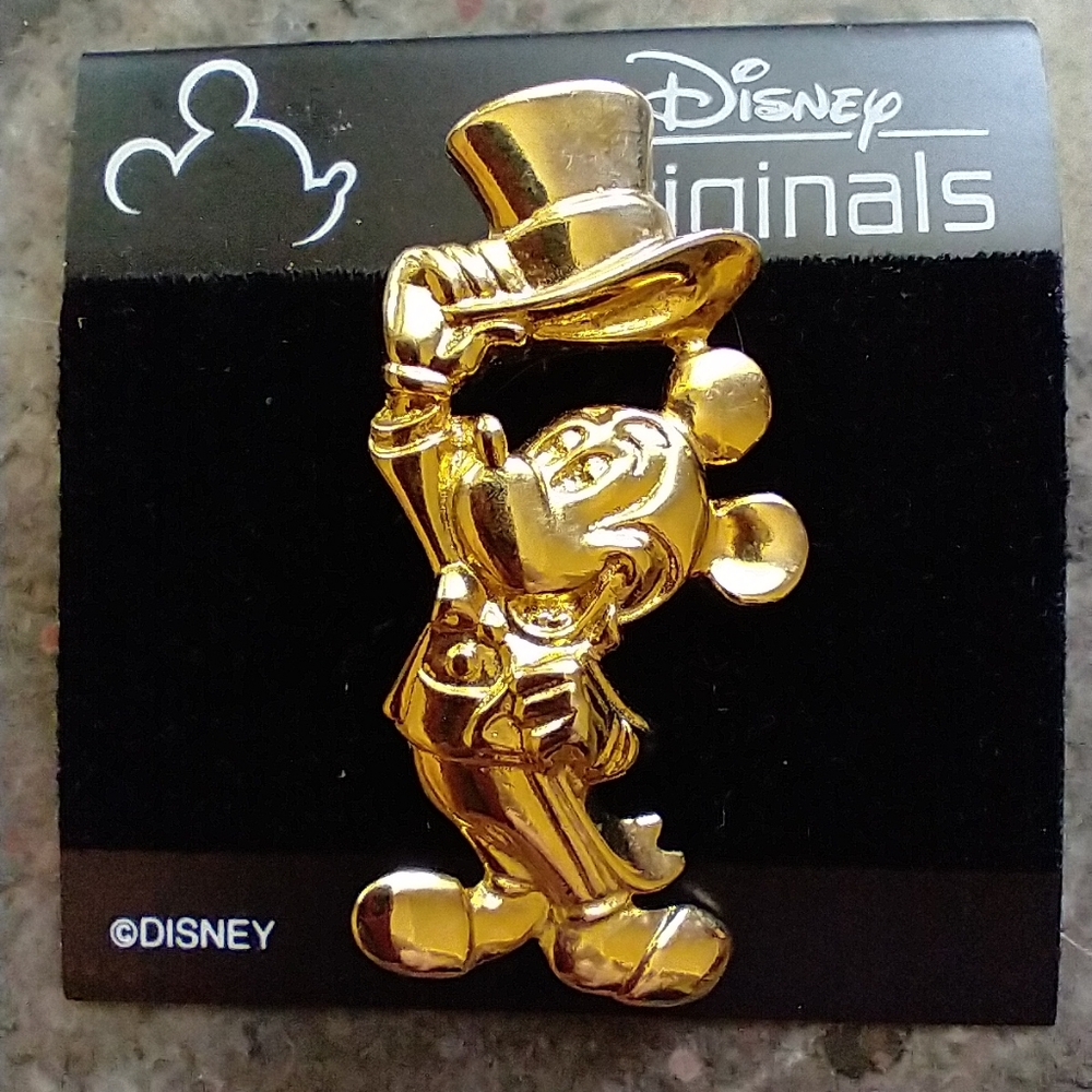 Vintage Disney Gold Mickey Mouse with Top Hat Pin/Brooch - New